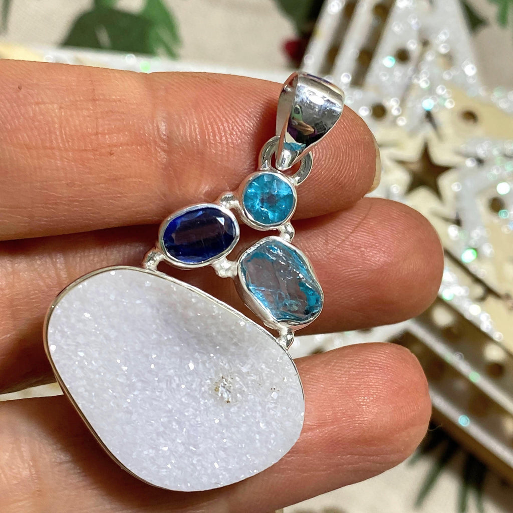 Stunning Sparkle Quartz Druzy, Blue Apatite & Faceted Blue Kyanite Sterling Silver Pendant - Earth Family Crystals