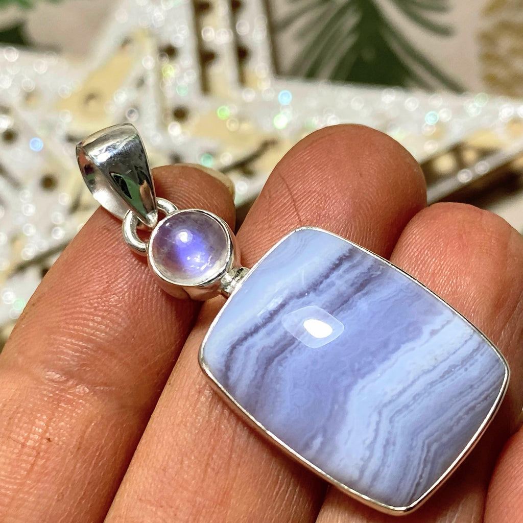 Blue Lace Agate & Rainbow Moonstone Sterling Silver Pendant (Includes Silver Chain) - Earth Family Crystals