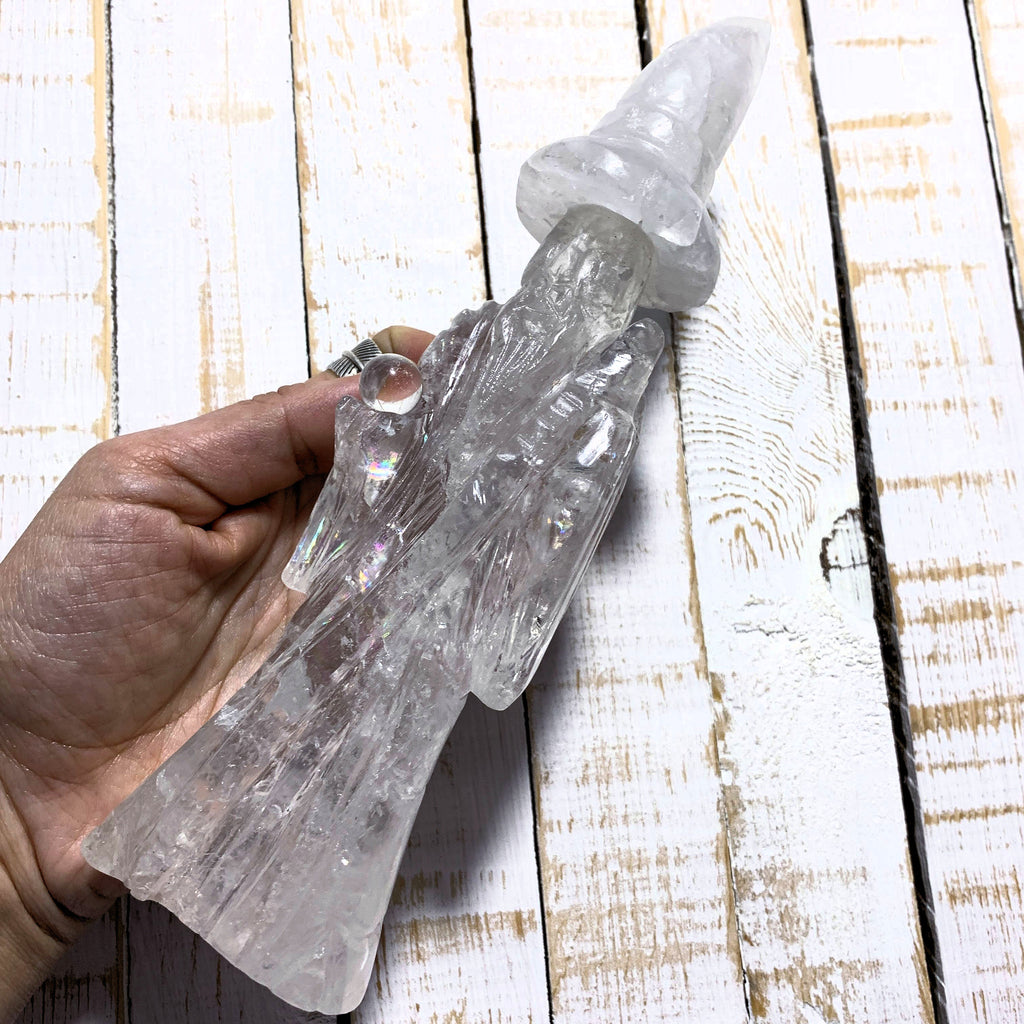 Rainbow Loaded Clear Quartz Large Merlin Wizard With Quartz Crystal Ball Display Carving~Locality Brazil - Earth Family Crystals