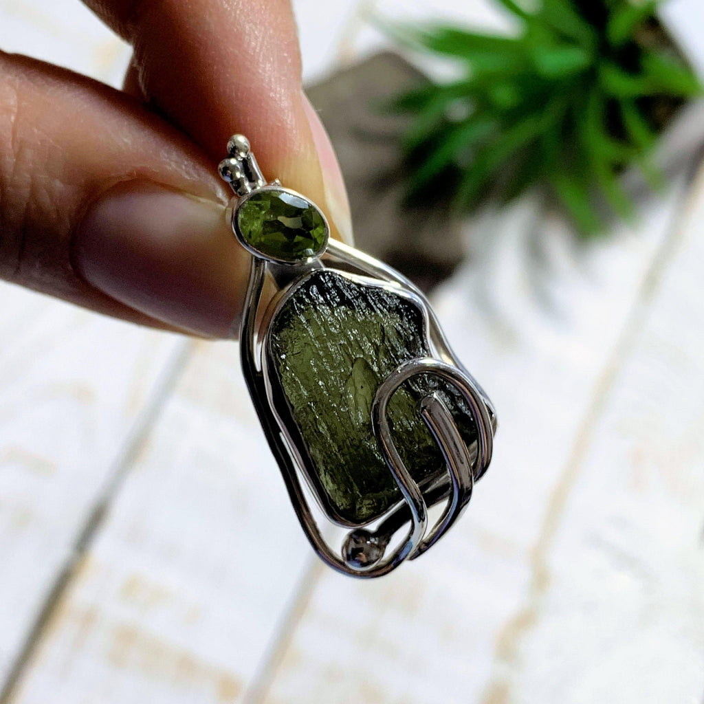 Genuine Raw Moldavite & Faceted Peridot Pendant In Sterling Silver (Includes Silver Chain) #1 - Earth Family Crystals