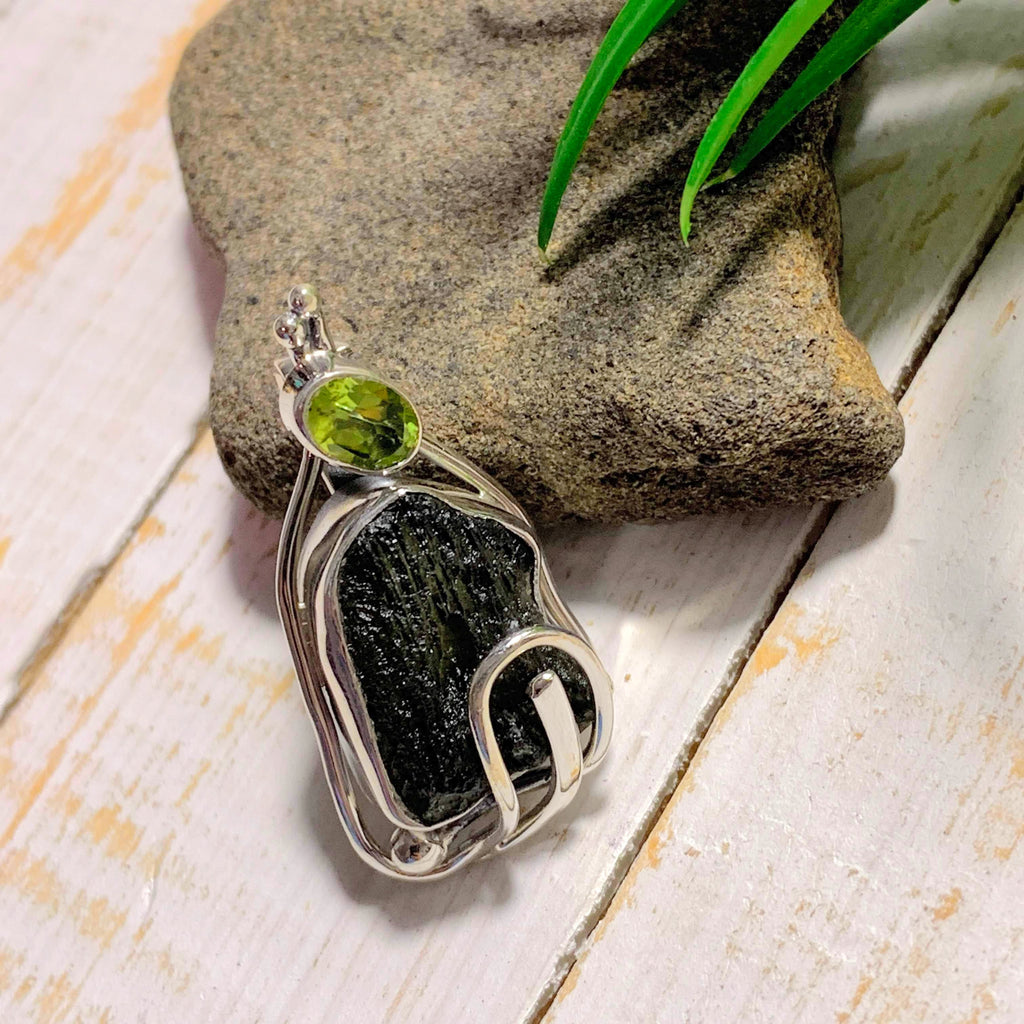 Genuine Raw Moldavite & Faceted Peridot Pendant In Sterling Silver (Includes Silver Chain) #1 - Earth Family Crystals
