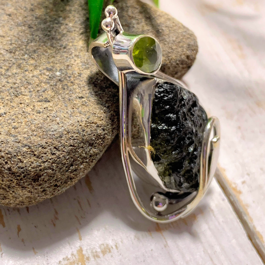 Genuine Raw Moldavite & Faceted Peridot Pendant In Sterling Silver (Includes Silver Chain) #2 - Earth Family Crystals
