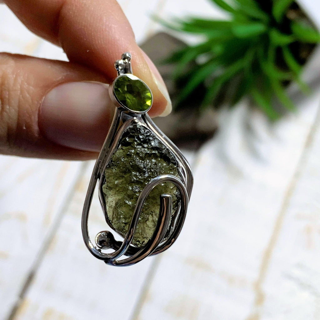 Genuine Raw Moldavite & Faceted Peridot Pendant In Sterling Silver (Includes Silver Chain) #2 - Earth Family Crystals