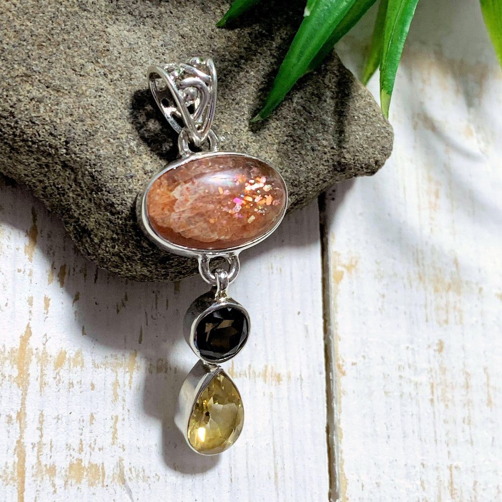 Mysterious Orange Sunstone, Faceted Citrine & Smoky Quartz Pendant in Sterling Silver (Includes Silver Chain) - Earth Family Crystals