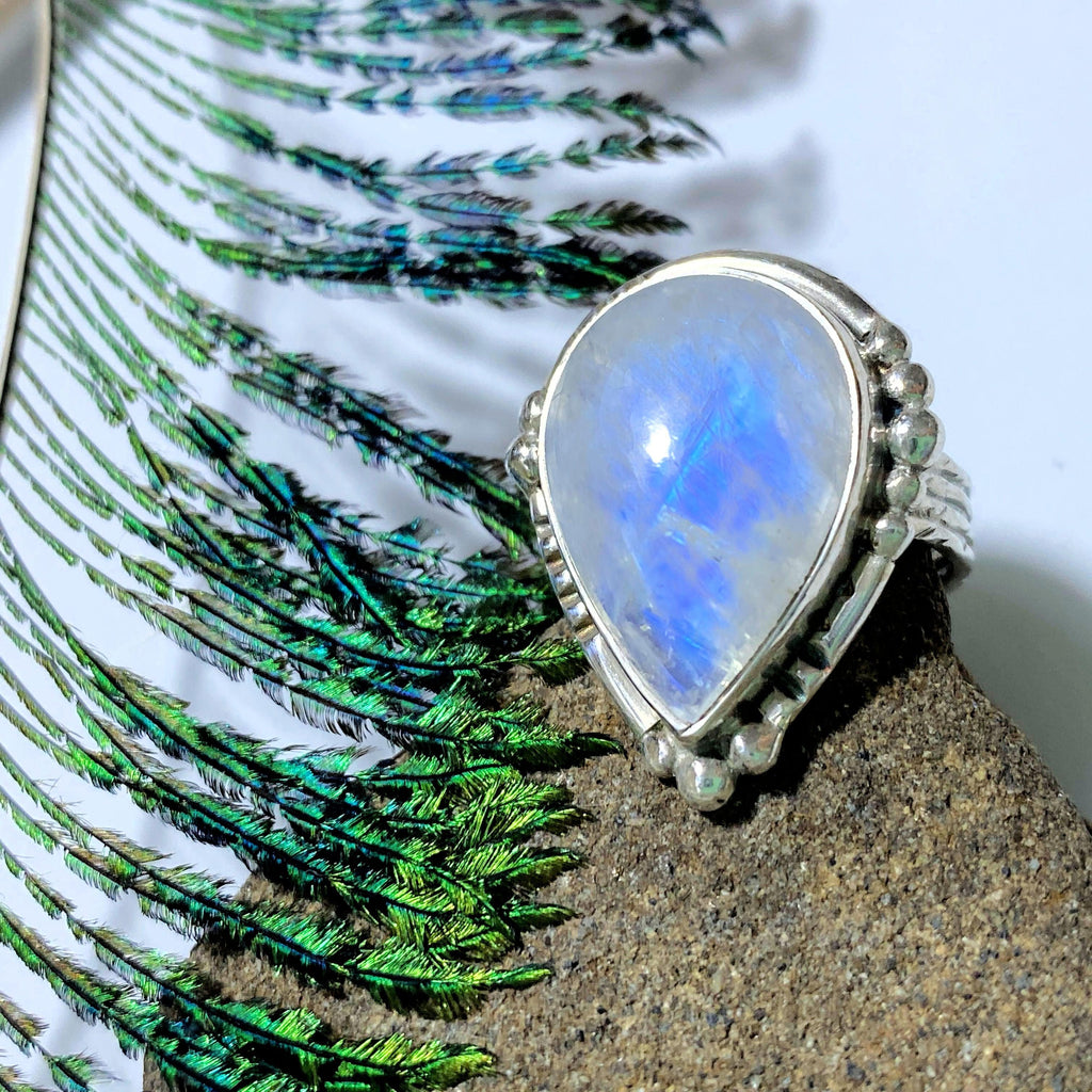Royal Blue Flashes Rainbow Moonstone Sterling Silver Ring (Size 7) - Earth Family Crystals