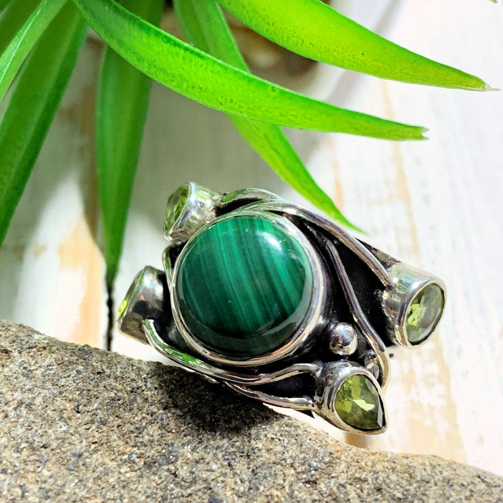 Pretty Faceted Peridot & Malachite Sterling Silver Ring (Size 7) - Earth Family Crystals