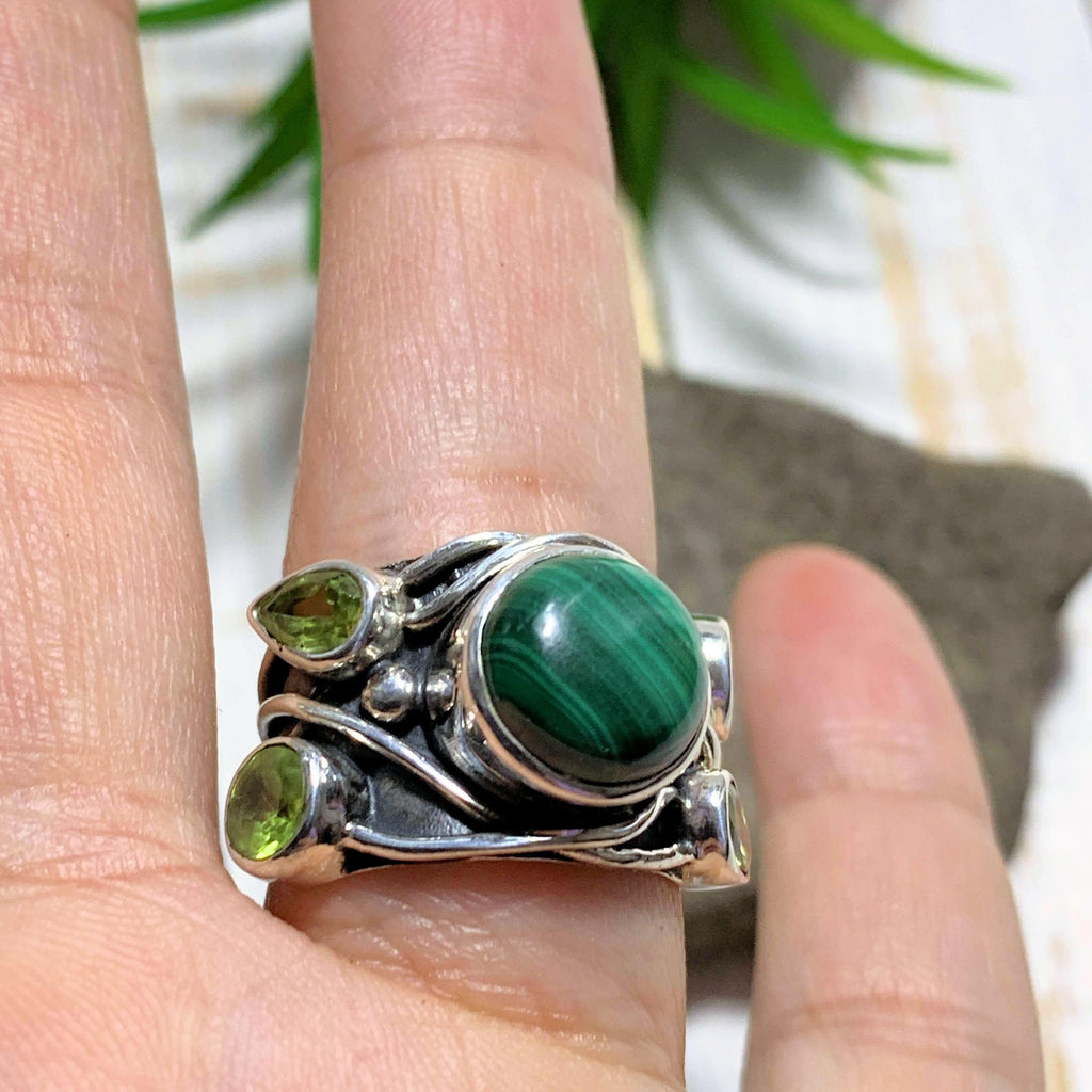 Pretty Faceted Peridot & Malachite Sterling Silver Ring (Size 7) - Earth Family Crystals