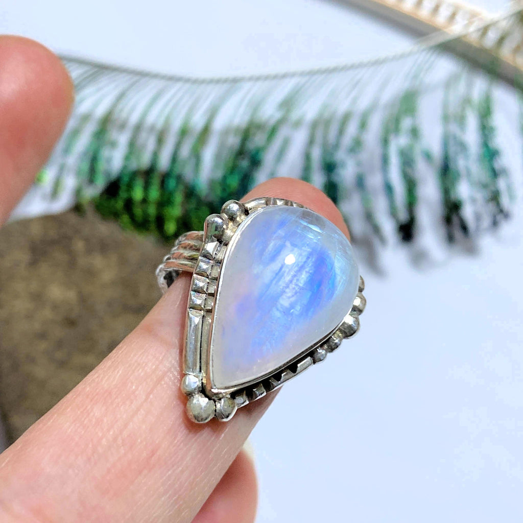 Royal Blue Flashes Rainbow Moonstone Sterling Silver Ring (Size 6) - Earth Family Crystals