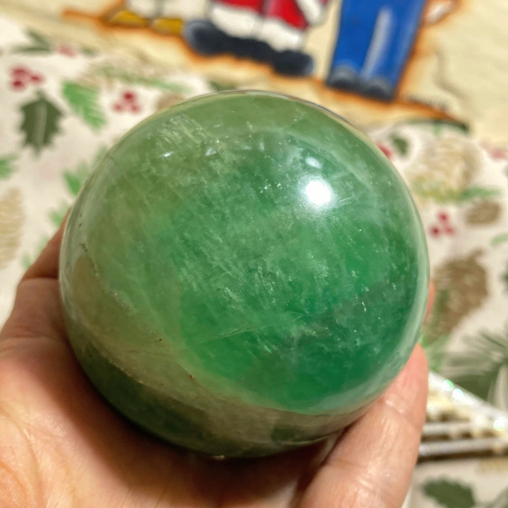 Reserved For Sandy Vibrant XL Green Fluorite Sphere Carving (Includes Wood Stand) - Earth Family Crystals
