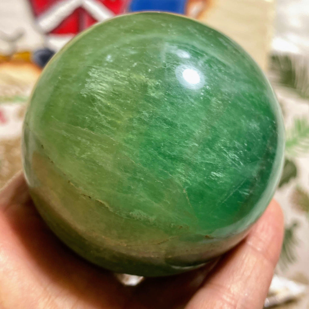 Reserved For Sandy Vibrant XL Green Fluorite Sphere Carving (Includes Wood Stand) - Earth Family Crystals