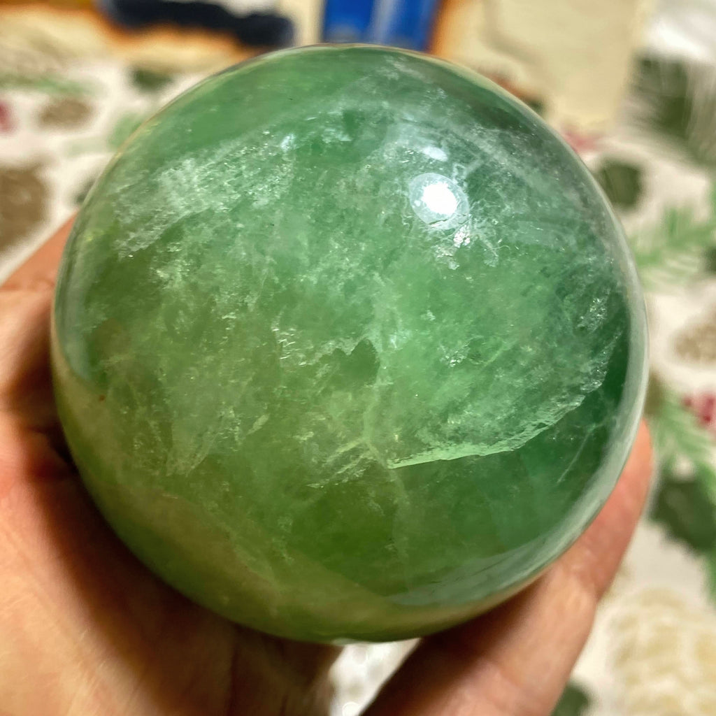 Stunning Large Green Fluorite Sphere Carving (Includes Wood Stand) #1 - Earth Family Crystals