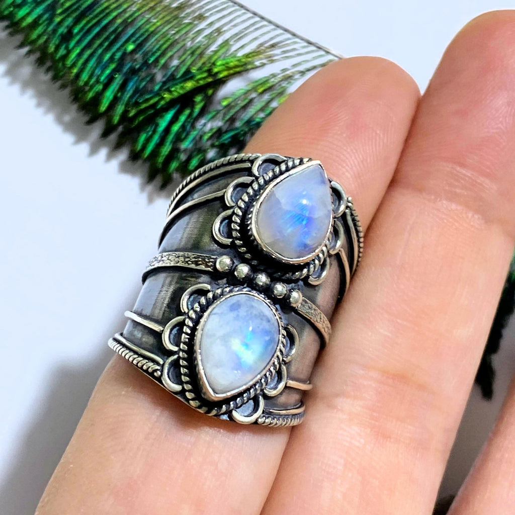 Chunky Rainbow Moonstone Sterling Silver Ring (Size 8) - Earth Family Crystals
