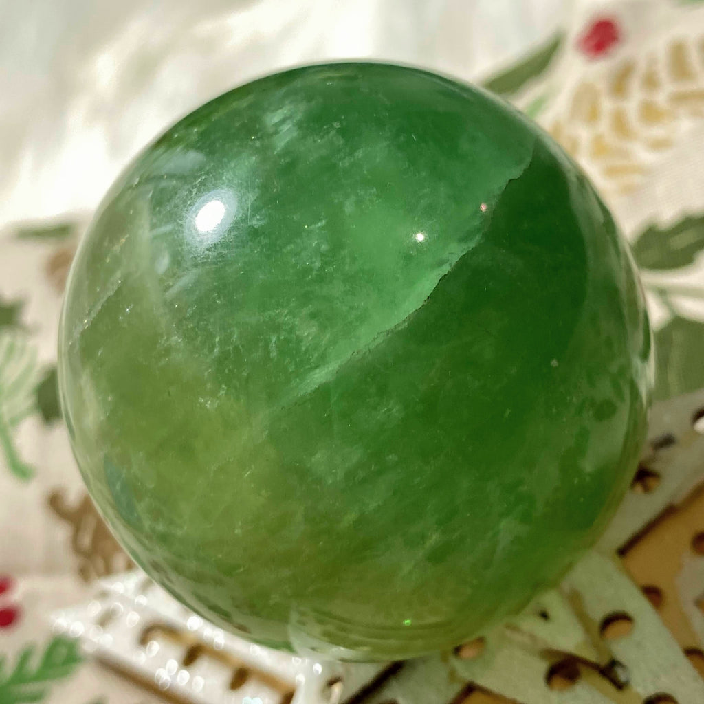 Stunning Large Green Fluorite Sphere Carving (Includes Wood Stand) #2 - Earth Family Crystals
