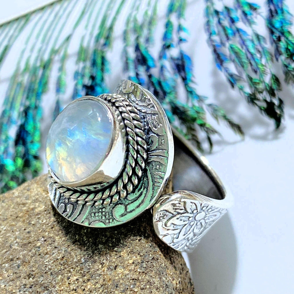 Fiery Flashes Moonstone Sterling Silver Ring (Size Adjustable 8-10) - Earth Family Crystals