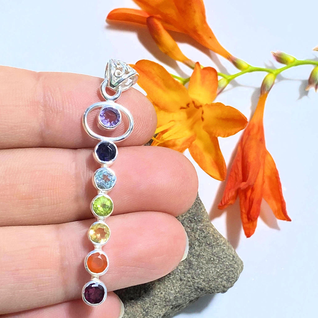 Faceted 7 Stone Chakra Gemstone Pendant In Sterling Silver (Includes Silver chain) - Earth Family Crystals