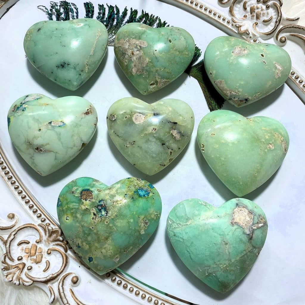 One Green Chrysoprase Medium Partially Polished Heart Carving - Earth Family Crystals