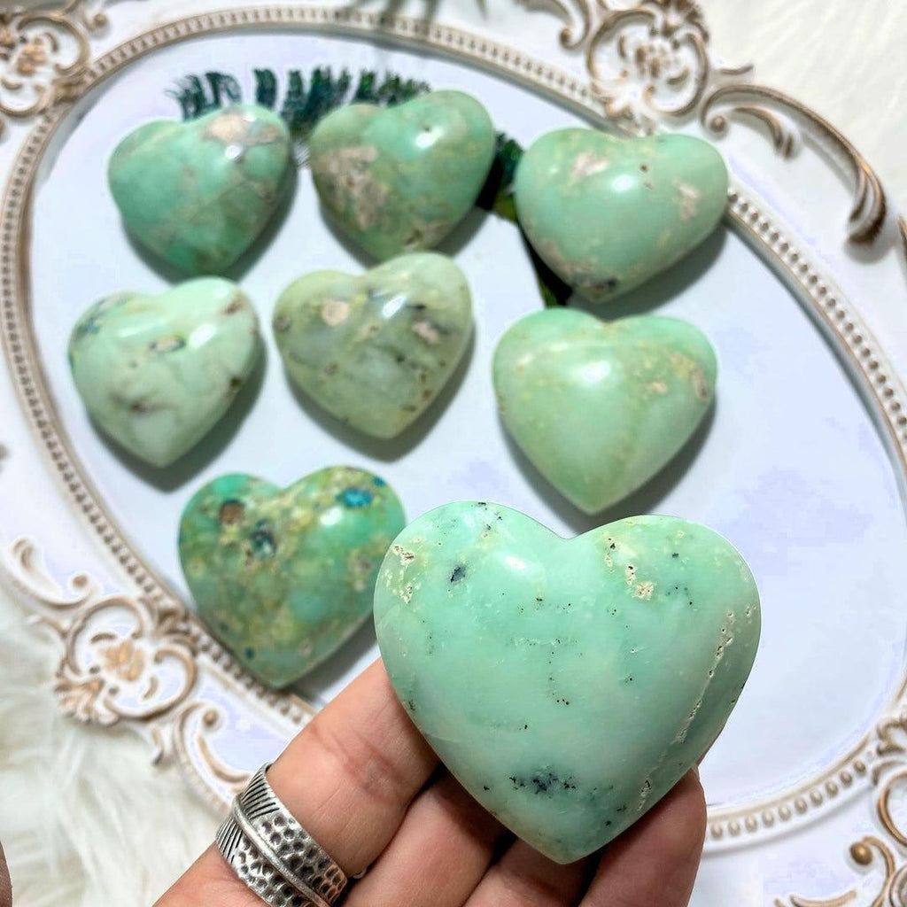One Green Chrysoprase Medium Partially Polished Heart Carving - Earth Family Crystals