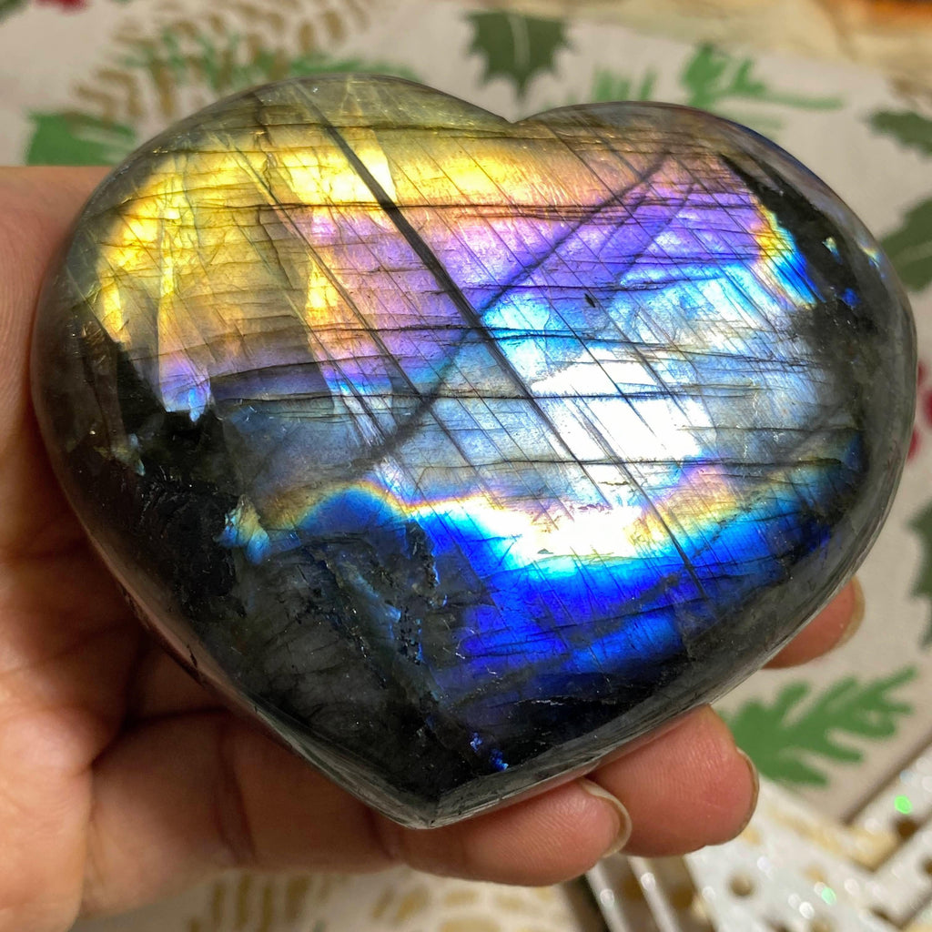 Very Rare Purple & Pink Rainbow Flashes Large Labradorite Heart Carving From Madagascar - Earth Family Crystals