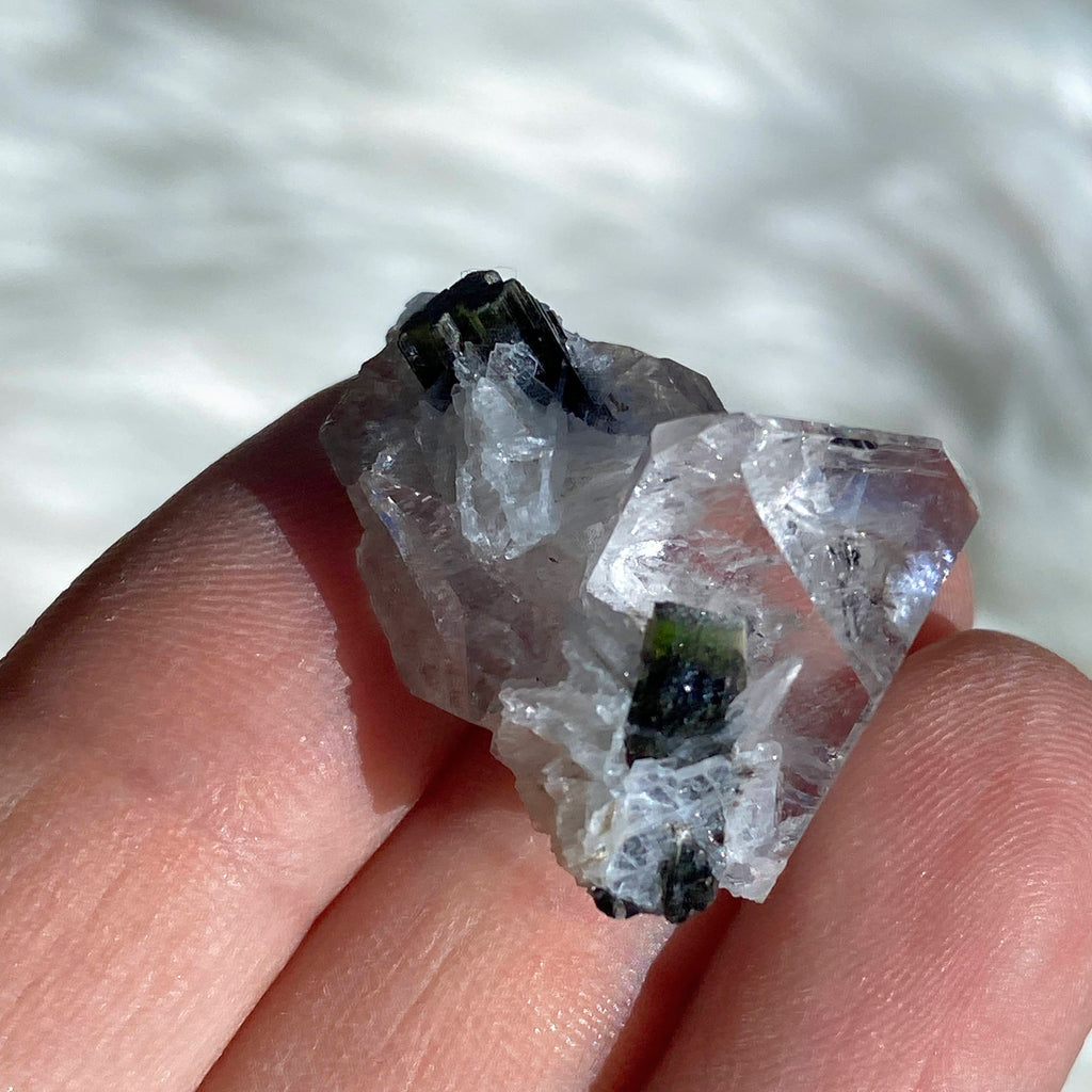 Rare Green Tourmaline Nestled in Clear Topaz Cluster - Earth Family Crystals