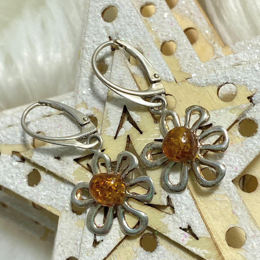 Gorgeous Baltic Amber Flower Earrings in Sterling Silver - Earth Family Crystals