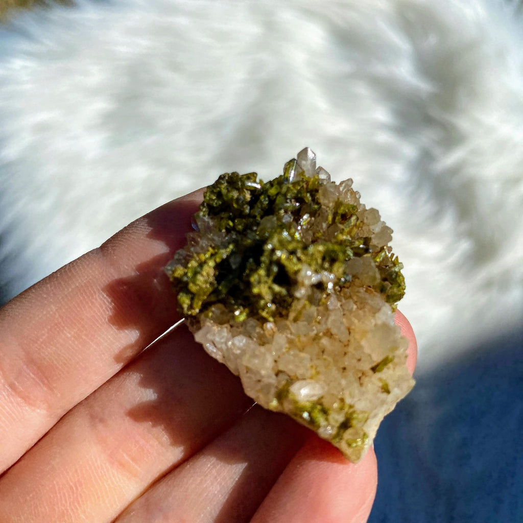 Gemmy Forest Green Epidote & Clear Quartz Natural Cluster - Earth Family Crystals
