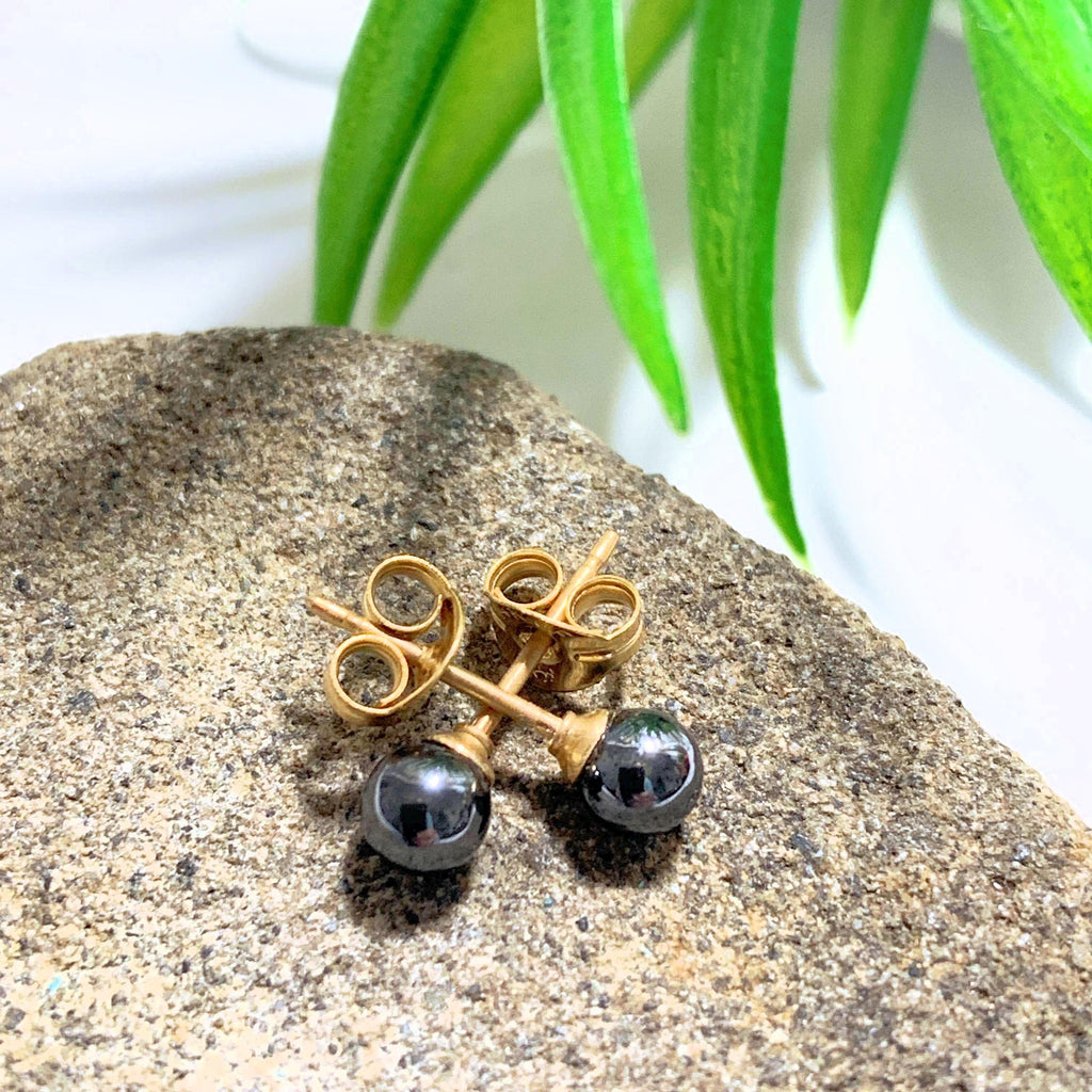 Dainty Black Hematite Stud Gold Fill Earrings - Earth Family Crystals