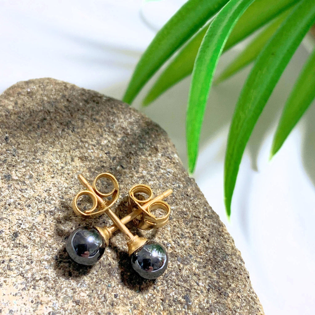 Dainty Black Hematite Stud Gold Fill Earrings - Earth Family Crystals