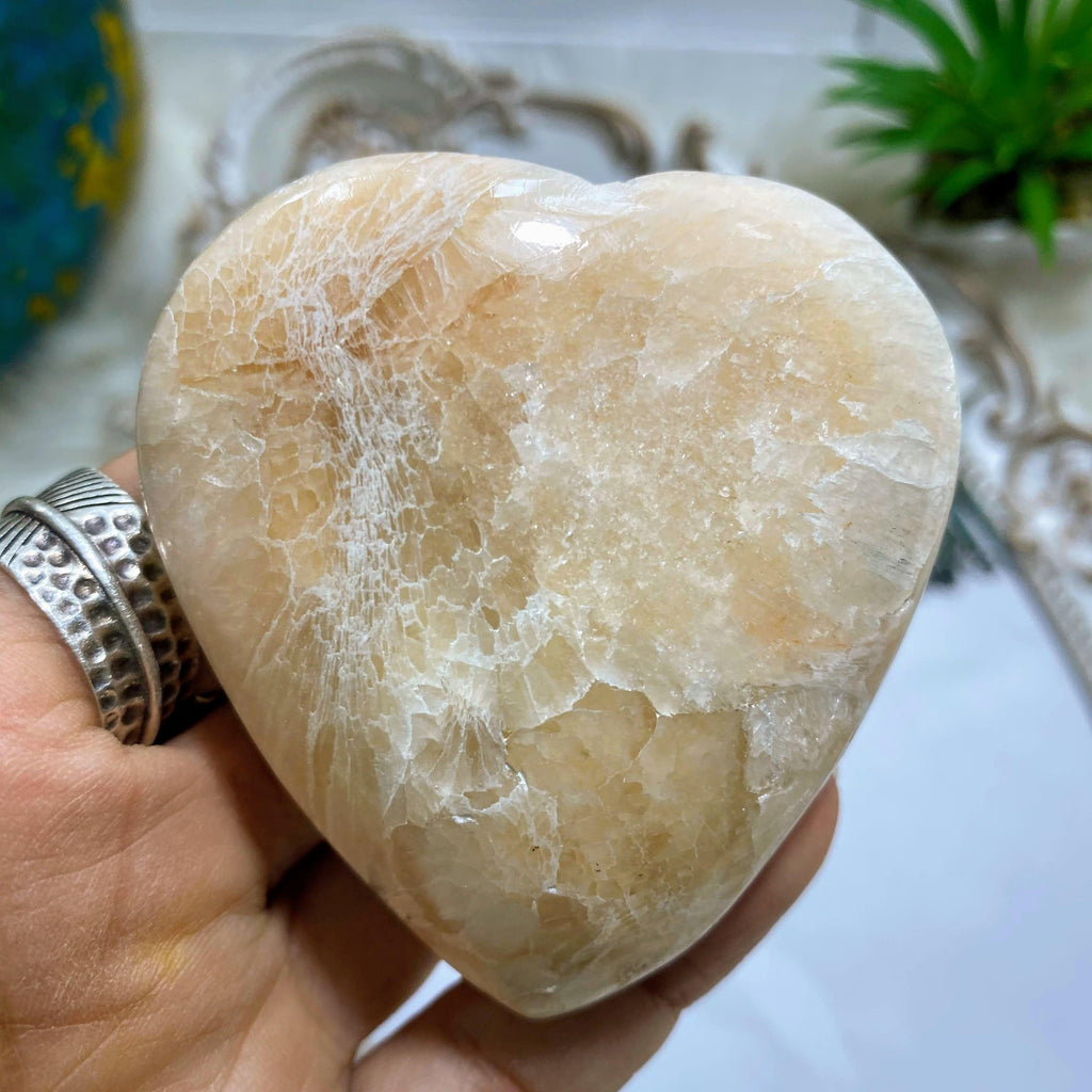 Silky Peach Pink Large Stilbite Heart Carving - Earth Family Crystals
