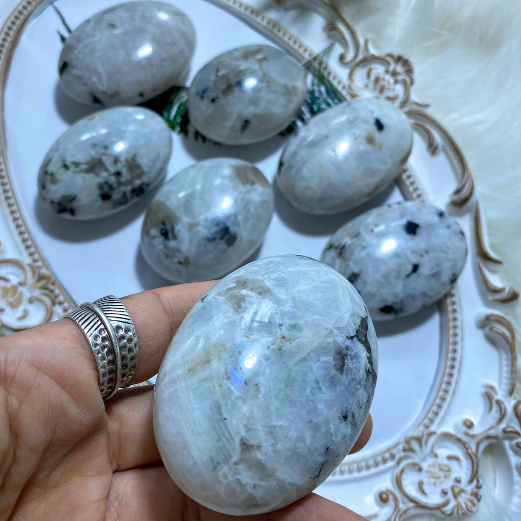 One White Moonstone Chunky Palm Stone with Tourmaline Inclusions - Earth Family Crystals