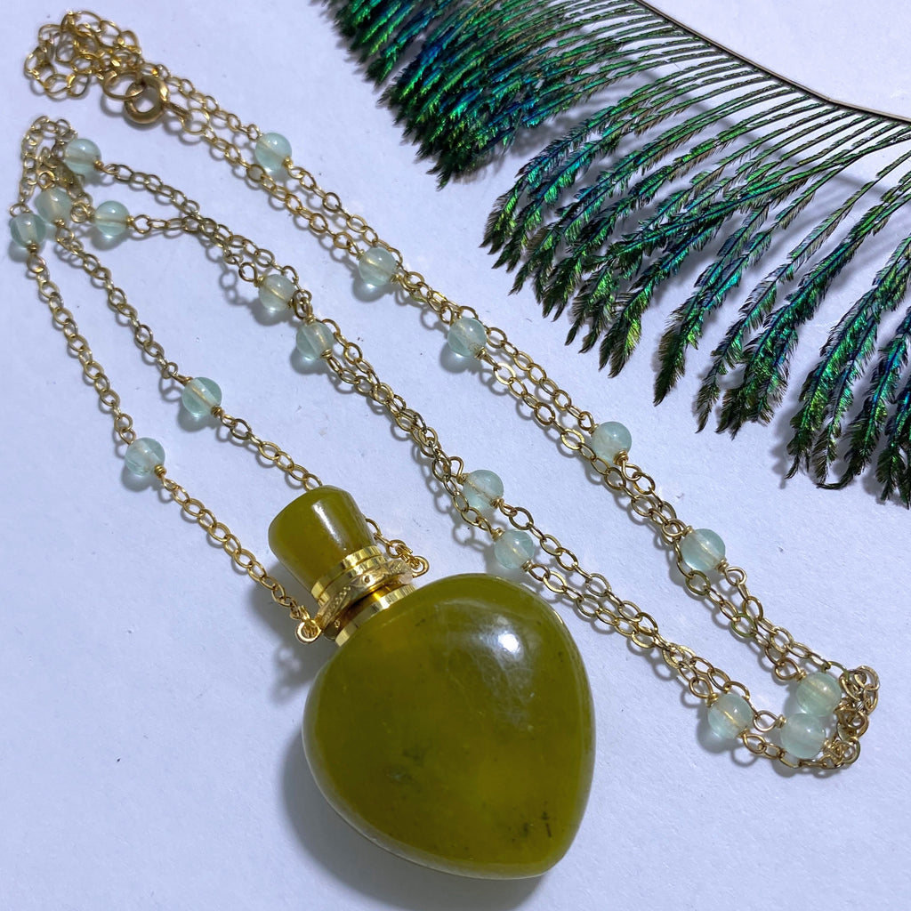 The Original ~High Quality Green Jade Essential Oil/Perfume Bottle Necklace (24 inch Beaded Green Fluorite Sterling Silver Chain - Earth Family Crystals
