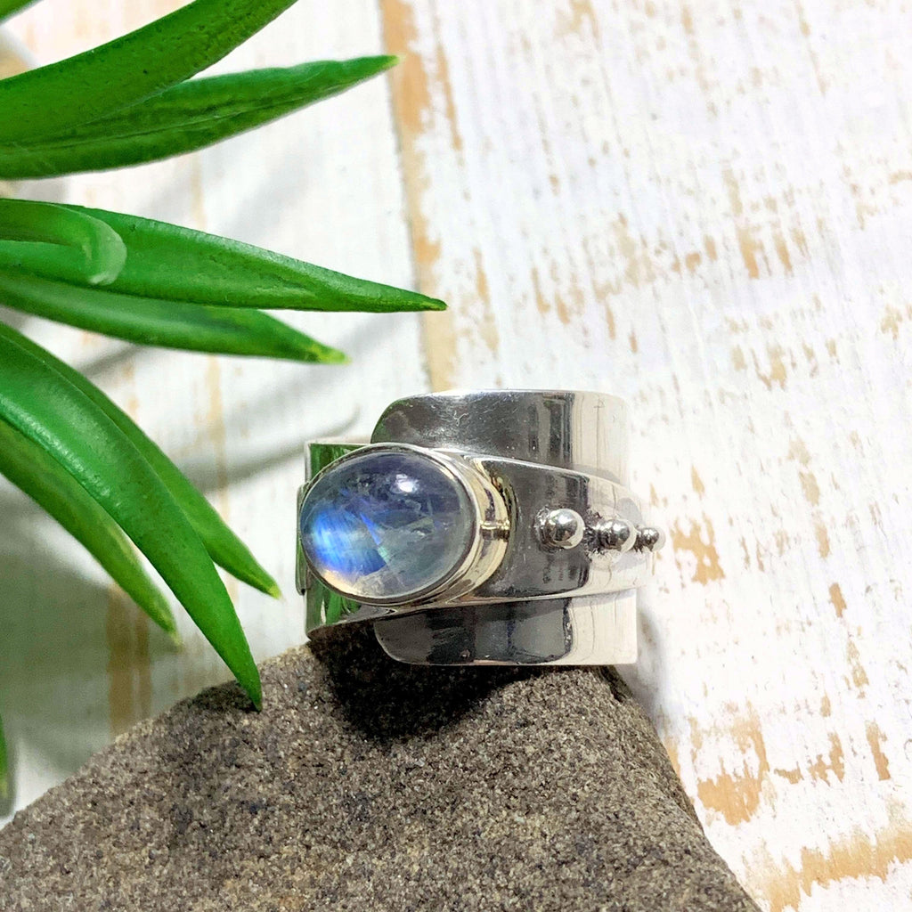 Royal Blue Flash Rainbow Moonstone Ring in Sterling Silver (Size: 8) - Earth Family Crystals