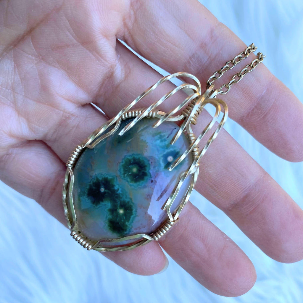 Ocean Jasper Wire wrapped pendant on Golden chain 21" - Earth Family Crystals