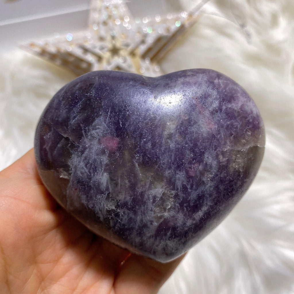 Pink Tourmaline Inclusions!  Lilac Lepidolite Large Heart Carving #5 - Earth Family Crystals