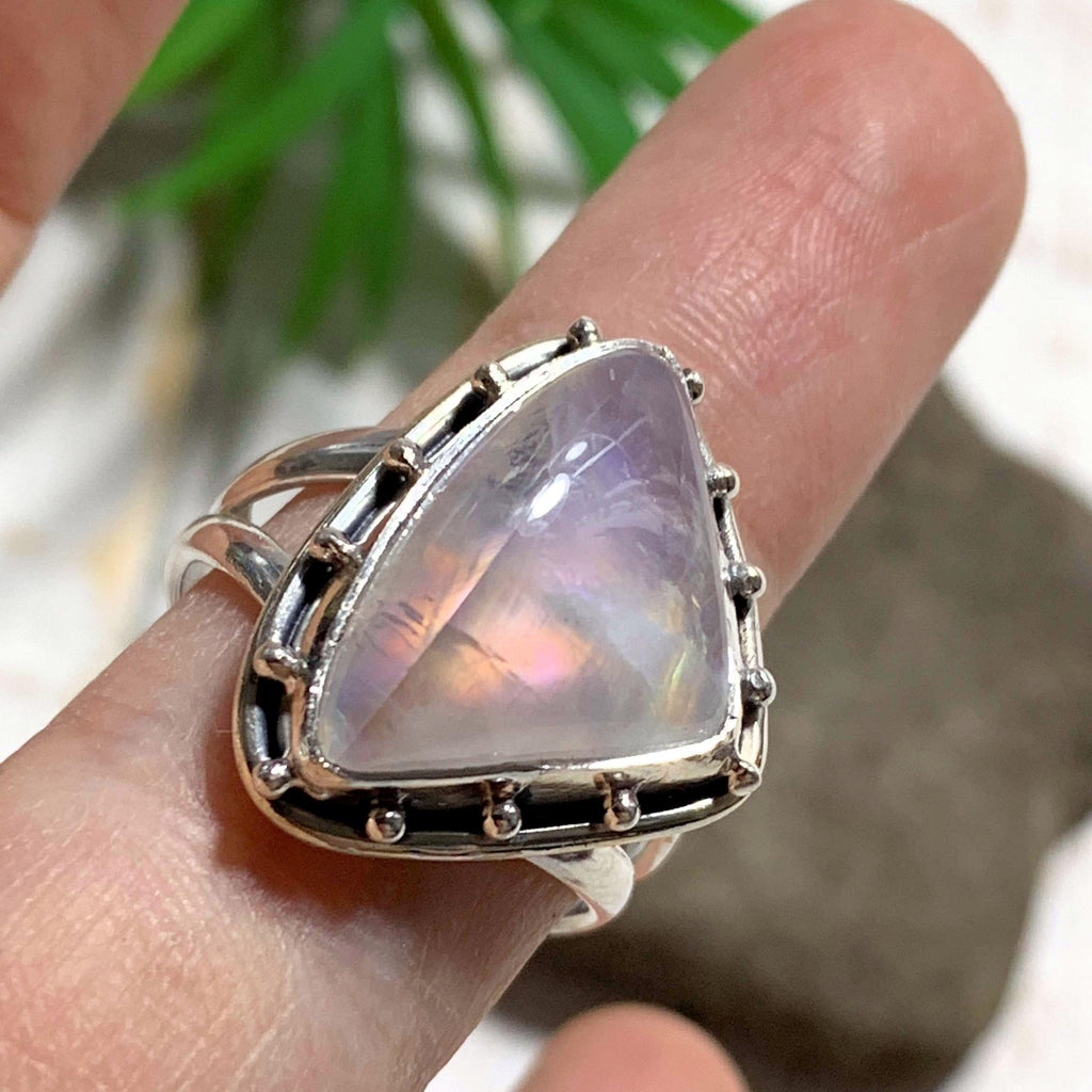 Rare Purple/Pink Flashes Rainbow Moonstone Ring in Sterling Silver (Size: 9) - Earth Family Crystals