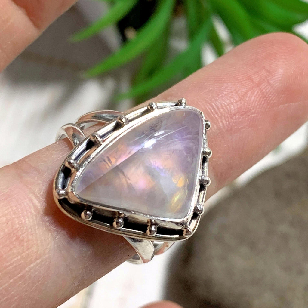 Rare Purple/Pink Flashes Rainbow Moonstone Ring in Sterling Silver (Size: 9) - Earth Family Crystals