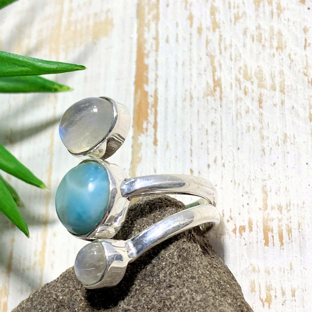 Pretty Larimar & Rainbow Moonstone Ring in Sterling Silver (Size: 6.5) - Earth Family Crystals