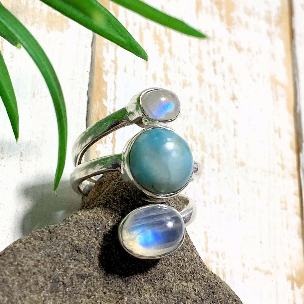 Pretty Larimar & Rainbow Moonstone Ring in Sterling Silver (Size: 6.5) - Earth Family Crystals