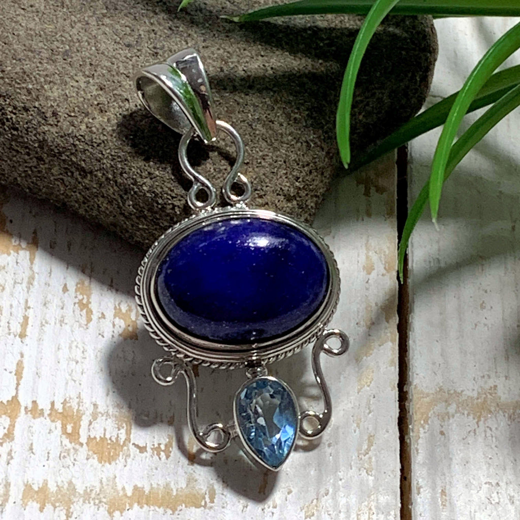 Cobalt Blue Lapis Lazuli & Faceted Blue Topaz Sterling Silver Pendant (Includes Silver Chain) - Earth Family Crystals