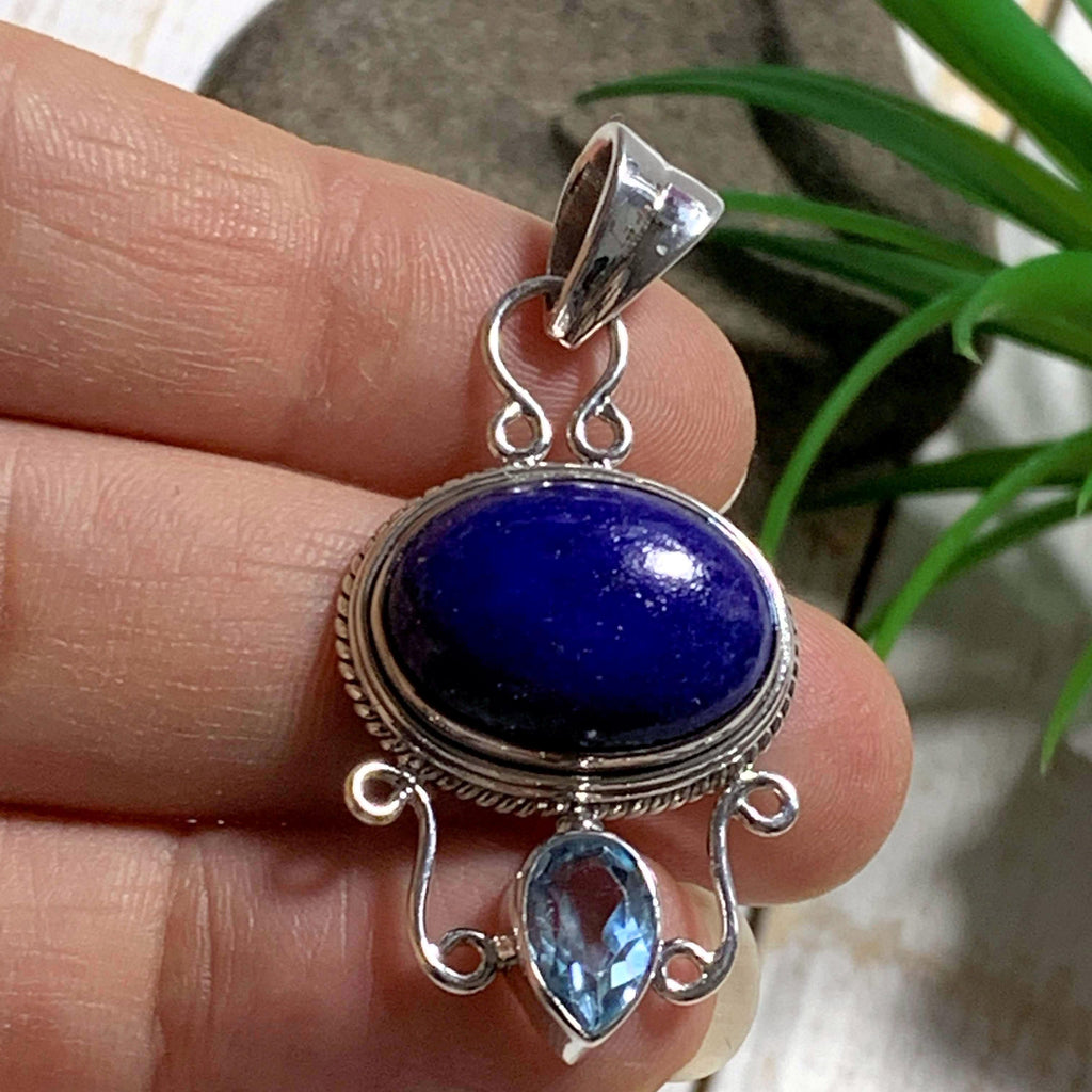 Cobalt Blue Lapis Lazuli & Faceted Blue Topaz Sterling Silver Pendant (Includes Silver Chain) - Earth Family Crystals