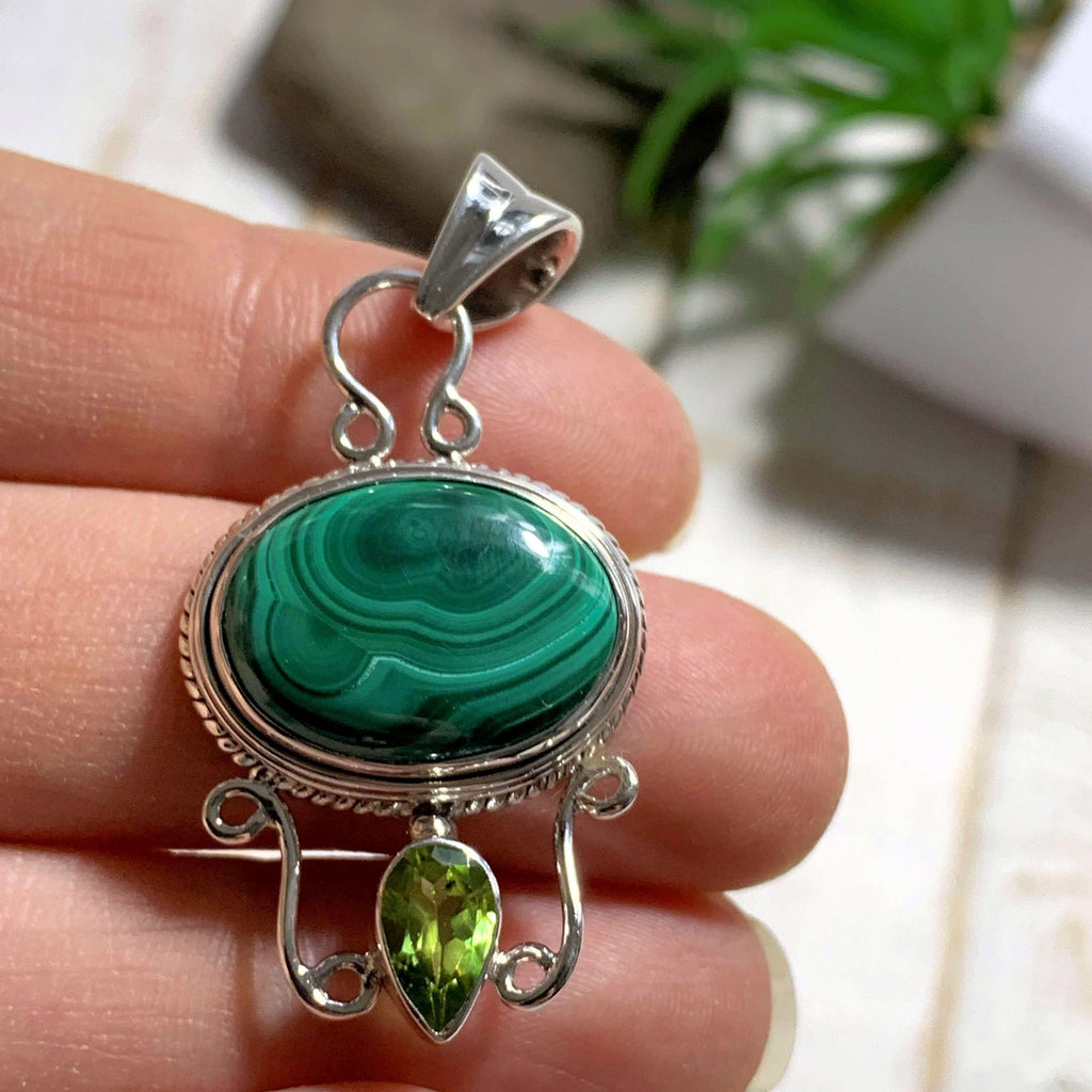Green Malachite & Faceted Peridot Pendant in Sterling Silver (Includes Silver Chain) - Earth Family Crystals