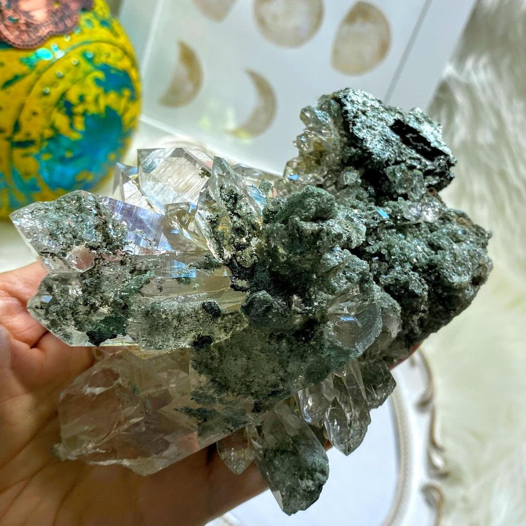 Rare ~Incredible XL Green Soul Healing Samadhi Quartz Elestial Self Healed Cluster - Earth Family Crystals