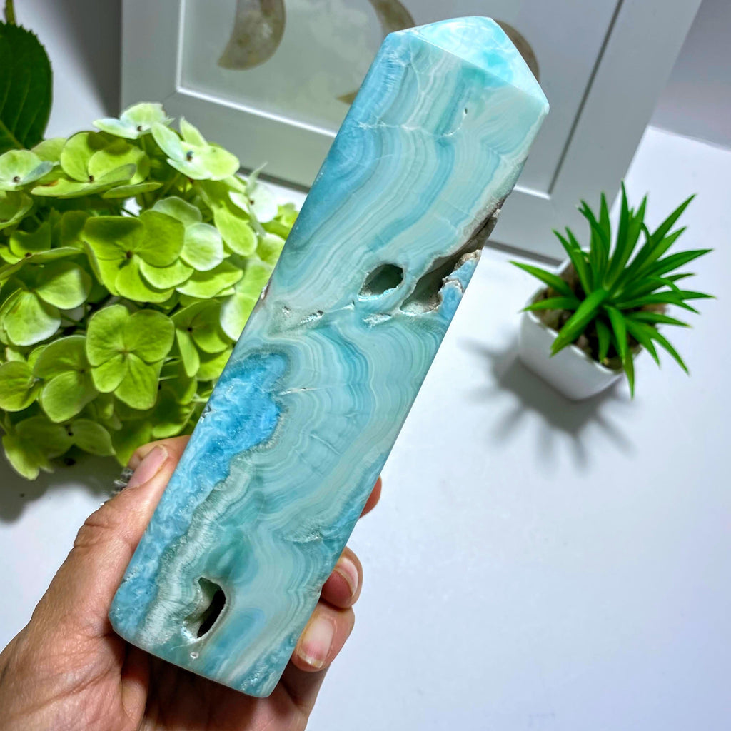 Incredible XL Blue Aragonite Partially Polished Standing Display Tower - Earth Family Crystals