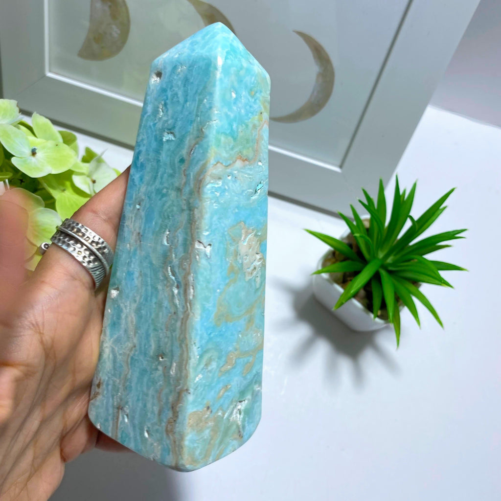 Incredible XL Blue Aragonite Partially Polished Standing Display Tower #1 - Earth Family Crystals