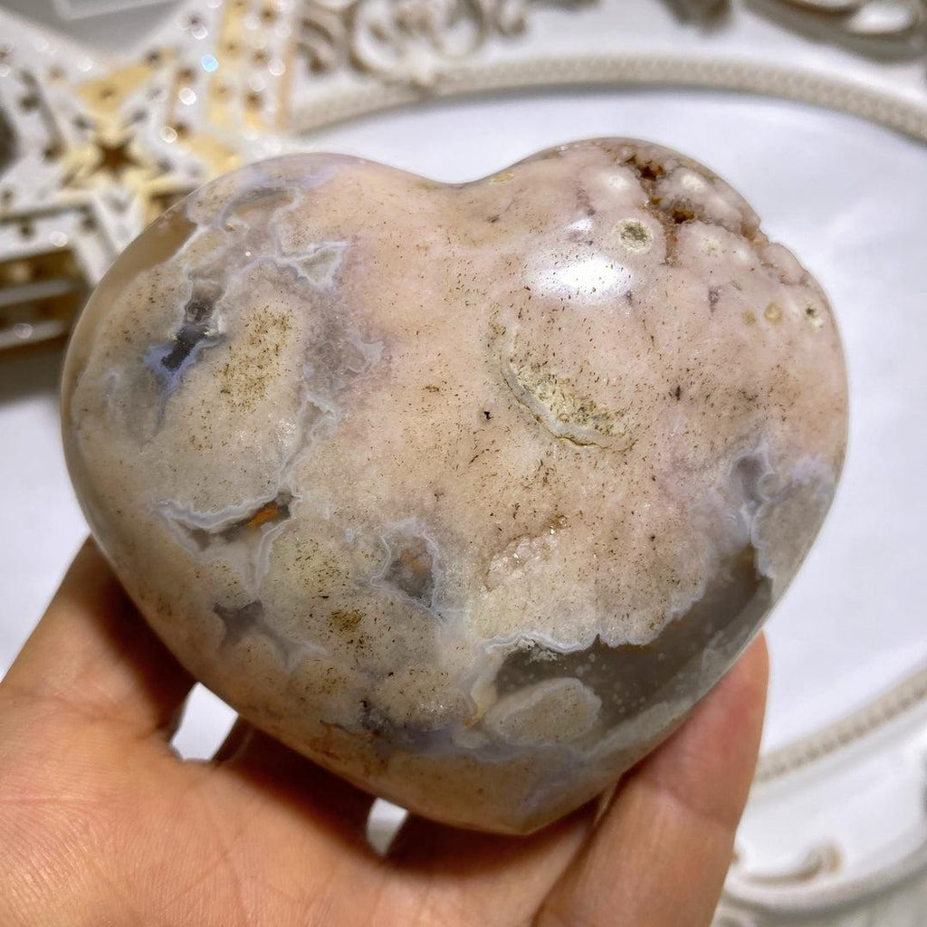 Puffy Pink Large Flower Agate Heart Carving With Druzy Geode From Madagascar #4 - Earth Family Crystals