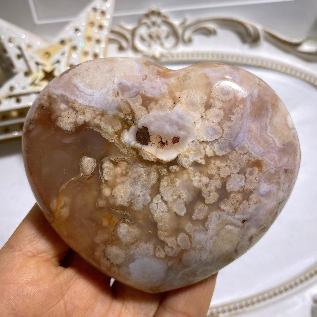 Creamy Pink Large Flower Agate Heart Carving From Madagascar #2 - Earth Family Crystals