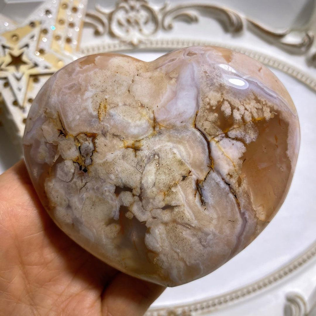 Creamy Pink Large Flower Agate Heart Carving From Madagascar #2 - Earth Family Crystals