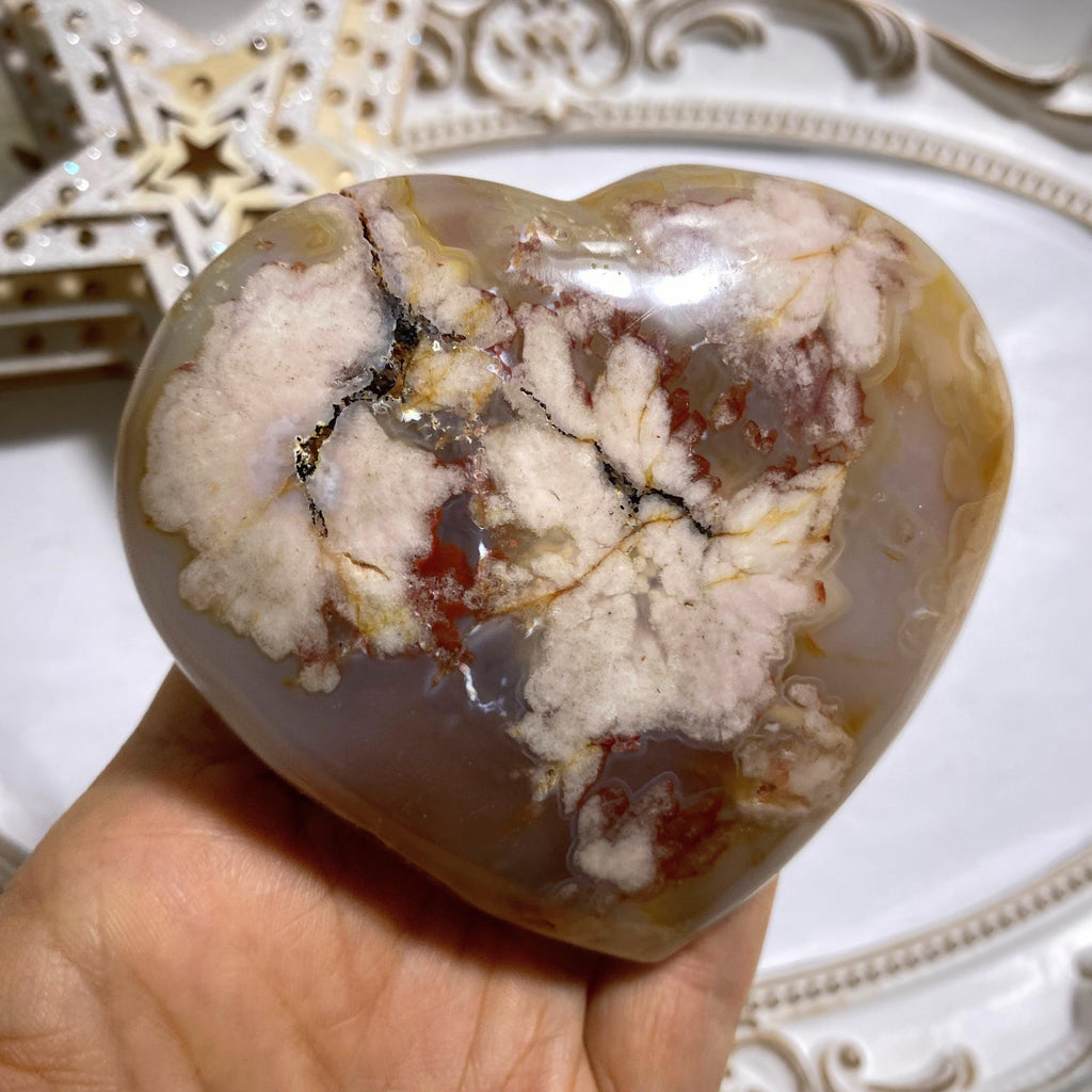 Creamy Pink Large Flower Agate Heart Carving With Cave From Madagascar #1 - Earth Family Crystals