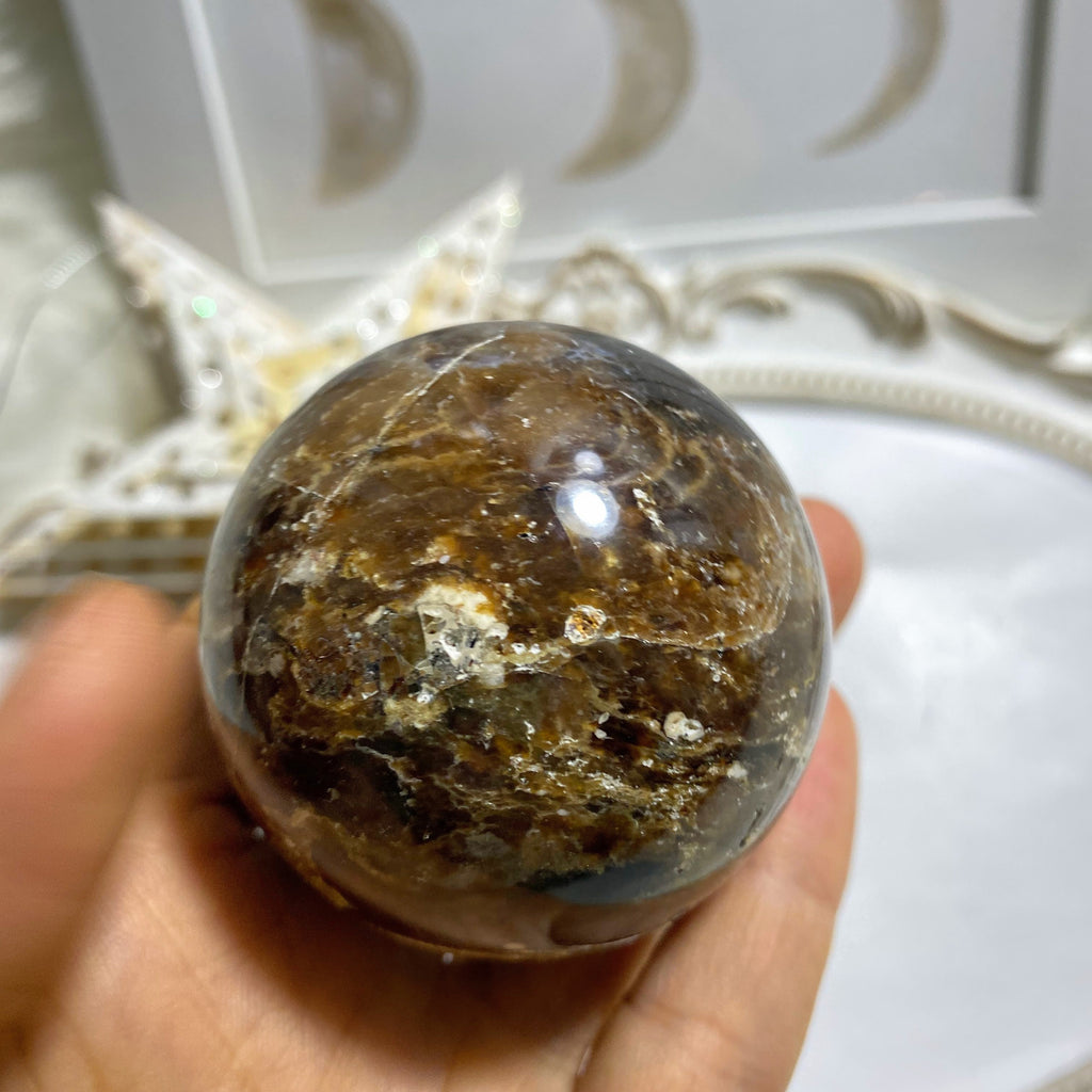 Gorgeous Patterns Brown Opal Sphere From Madagascar #5 (Includes Wood Stand) - Earth Family Crystals