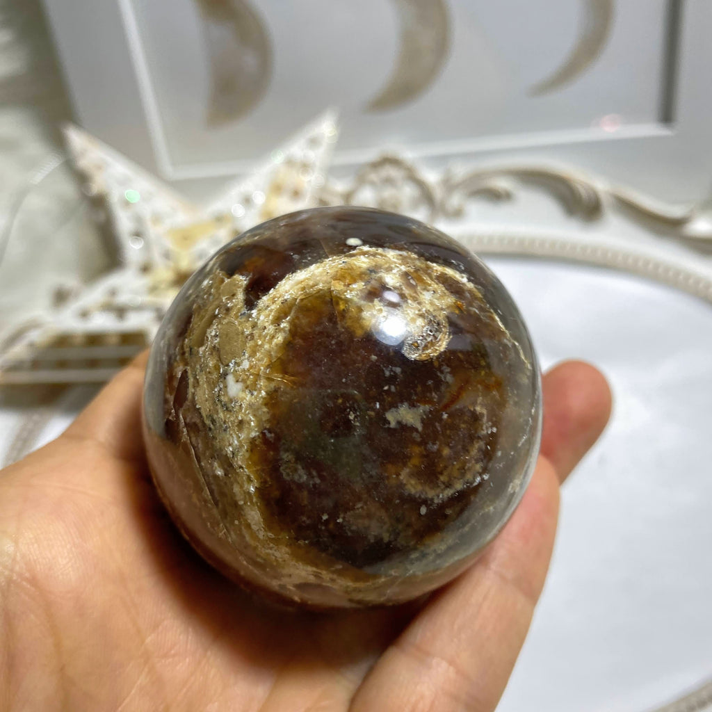 Gorgeous Patterns Brown Opal Sphere From Madagascar #5 (Includes Wood Stand) - Earth Family Crystals