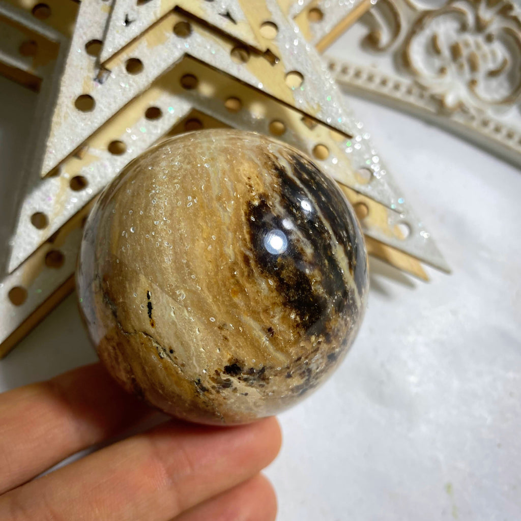 Gorgeous Patterns Brown Opal Sphere From Madagascar #3 (Includes Wood Stand) - Earth Family Crystals